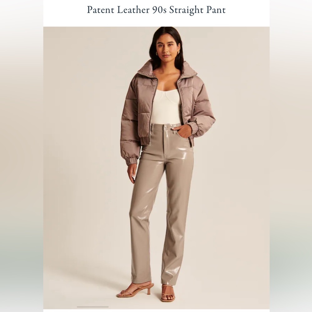 Abercrombie Patent Leather 90s Straight Pant in Taupe 
Ultra high rise pants